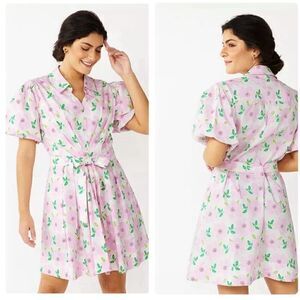 Draper James RSVP Puff Sleeve Shirt Dress Pink Floral NWT